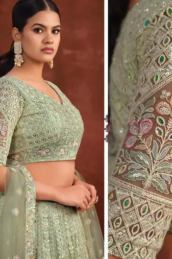 Pista Green Net Silk Party Wear Lehenga with Heavy Embroidery Blouse