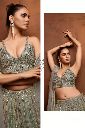 Gray & Multi Net Satin Wedding Lehenga with Heavy Embroidery Blouse