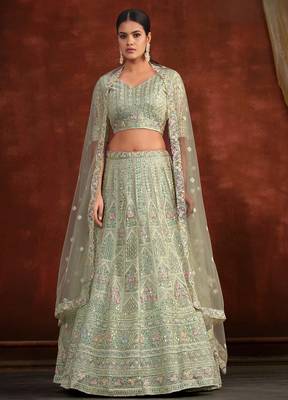 Pista Green Net Silk Party Wear Lehenga with Heavy Embroidery Blouse 4