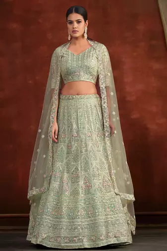 Pista Green Net Silk Party Wear Lehenga with Heavy Embroidery Blouse