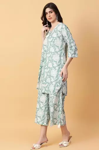 green cotton printed & hand work co-ord set