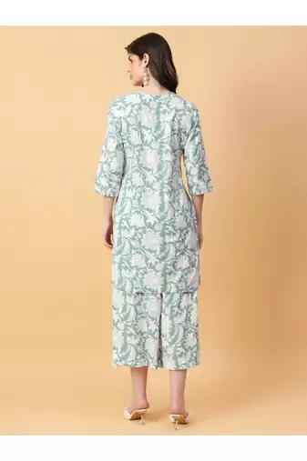 green cotton printed & hand work co-ord set