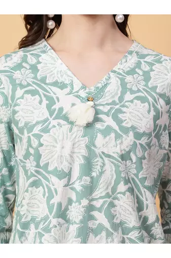 green cotton printed & hand work co-ord set