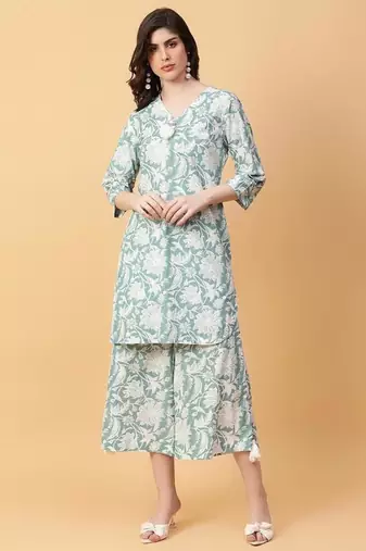 green cotton printed & hand work co-ord set