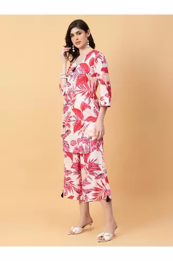 red cotton printed & hand work co-ord set