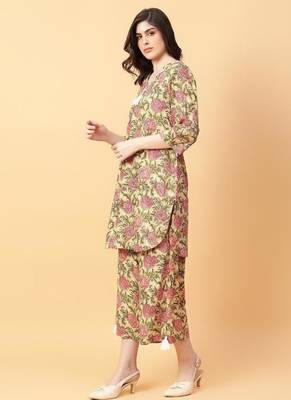 beige cotton printed & hand work co-ord set 1