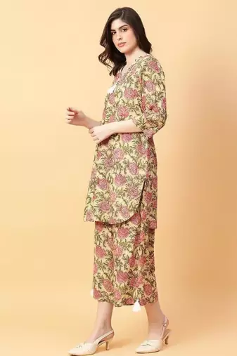 beige cotton printed & hand work co-ord set