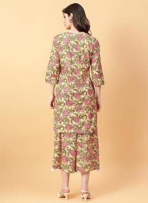 beige cotton printed & hand work co-ord set 2