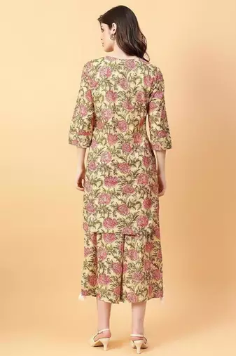 beige cotton printed & hand work co-ord set