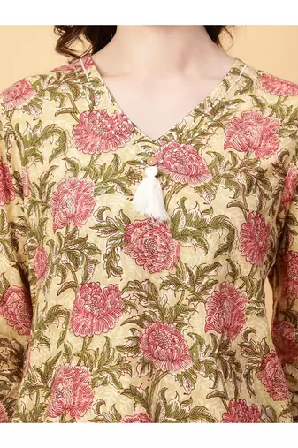 beige cotton printed & hand work co-ord set