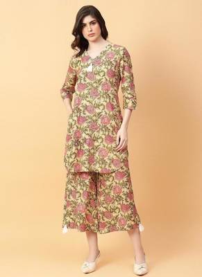 beige cotton printed & hand work co-ord set 5