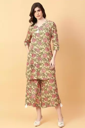beige cotton printed & hand work co-ord set
