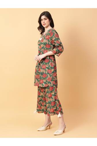 green cotton printed & hand work co-ord set