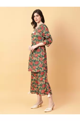green cotton printed & hand work co-ord set