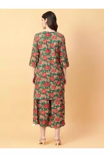 green cotton printed & hand work co-ord set