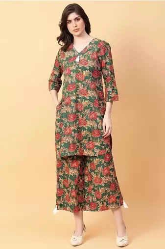 green cotton printed & hand work co-ord set