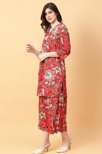 red cotton printed & hand work co-ord set