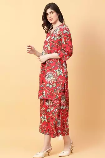 red cotton printed & hand work co-ord set