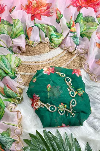 latest party wear pink tabby silk floral printed hand work saree for women
