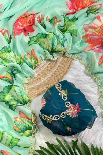 latest party wear mint green tabby silk floral printed hand work saree for women