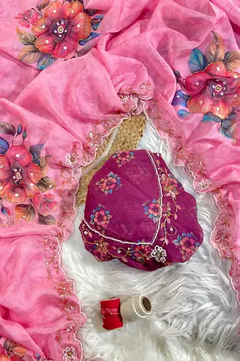 tabby silk pink floral printed saree with hand embroidery for women