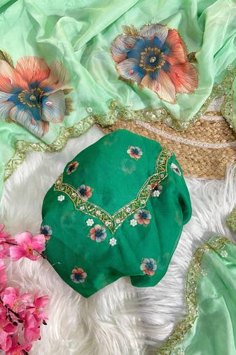 tabby silk mint green floral printed saree with hand embroidery for women