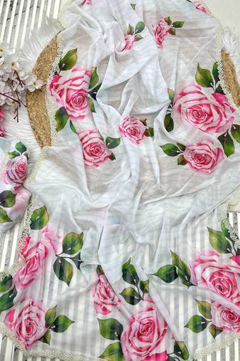 bollywood style white floral printed saree for women party wear