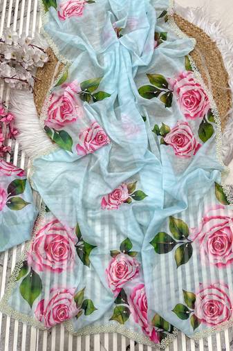 bollywood style sky blue floral printed saree for women party wear