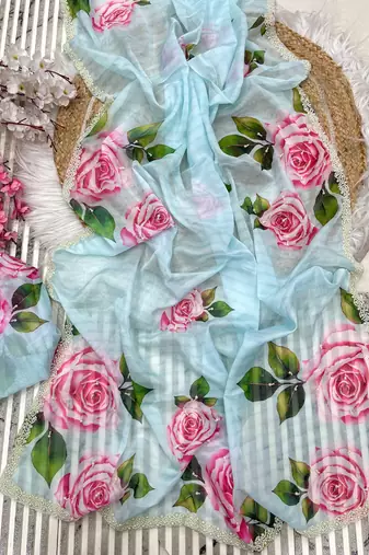bollywood style sky blue floral printed saree for women party wear