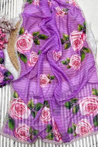 bollywood style lilac floral printed saree for women party wear