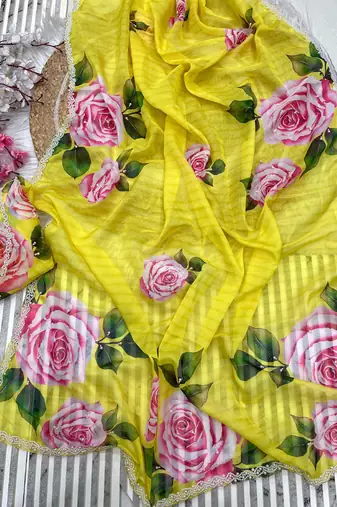 bollywood style yellow floral printed saree for women party wear