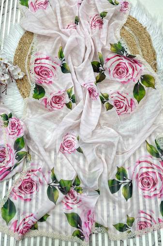 bollywood style baby pink floral printed saree for women party wear
