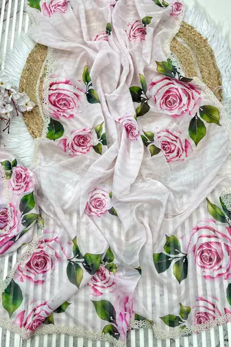 bollywood style baby pink floral printed saree for women party wear