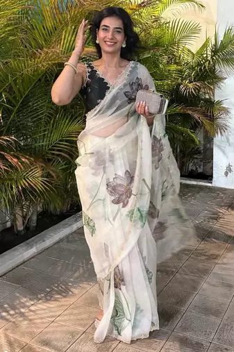 new white Silk Blended saree with lotus print 