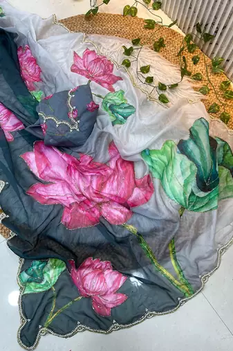 ombre pattern grey floral printed saree in tabby silk fabric