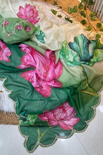 ombre pattern green floral printed saree in tabby silk fabric