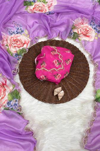 soft tabby silk lilac floral printed saree with hand embroidery