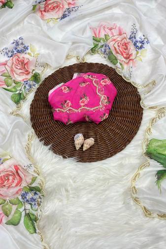 soft tabby silk white floral printed saree with hand embroidery