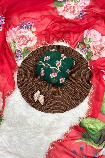 soft tabby silk red floral printed saree with hand embroidery