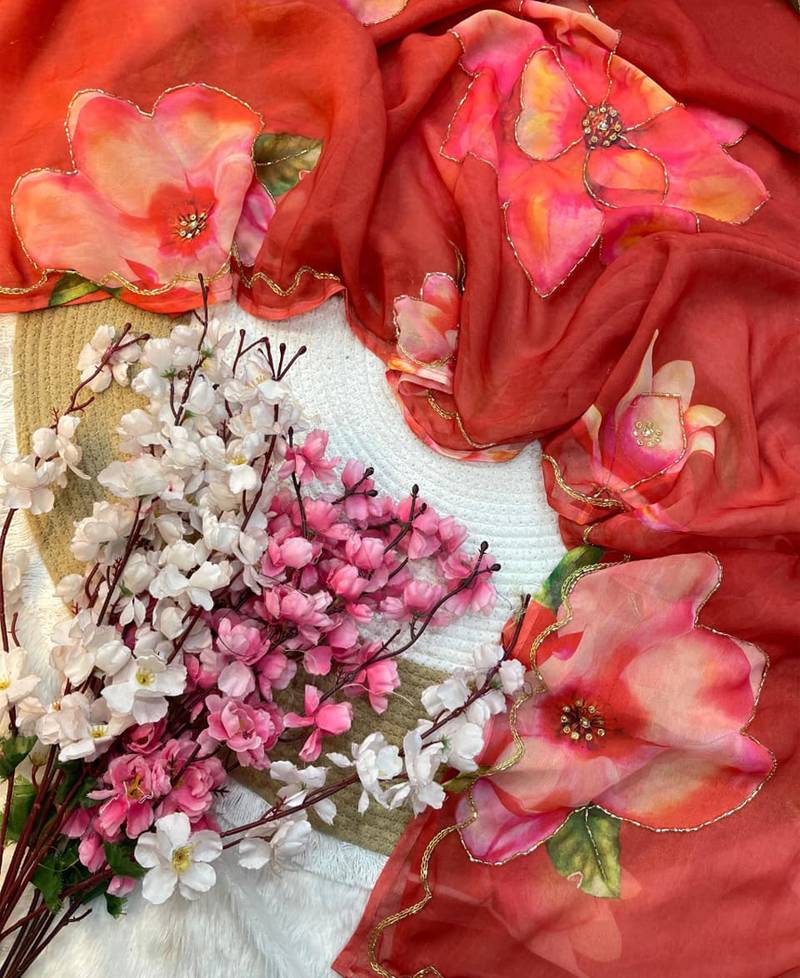 beautiful red georgette based floral printed saree for women