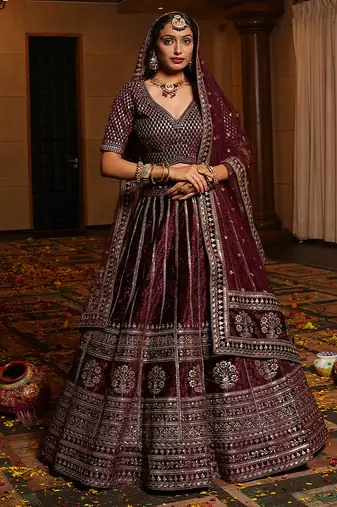 Royal Maroon Sabya Pattern Velvet Lehenga