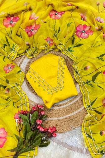premium floral printed saree with hand work yellow color