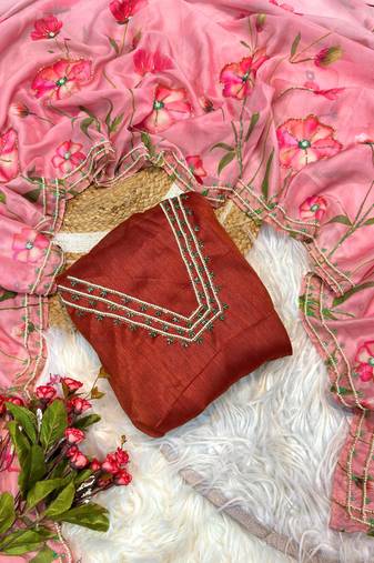 premium floral printed saree with hand work pink color