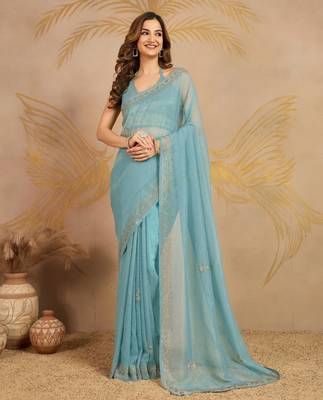 Art Silk Zarkan Work Saree with Unstitched Blouse Piece 1