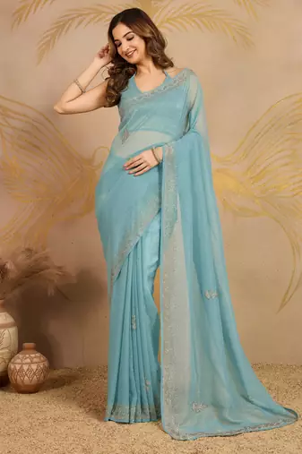 Art Silk Zarkan Work Saree with Unstitched Blouse Piece