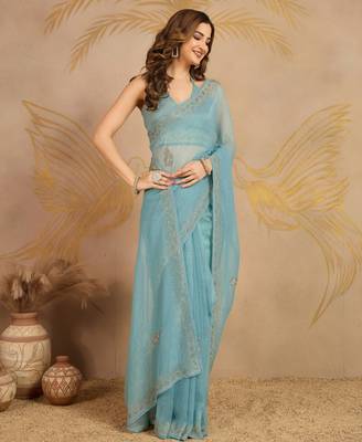 Art Silk Zarkan Work Saree with Unstitched Blouse Piece 7