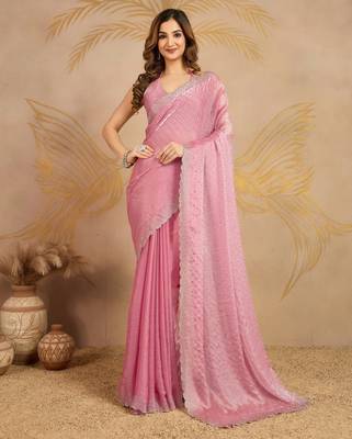 Chiffon swarovski Work Saree with Unstitched Blouse Piece 1