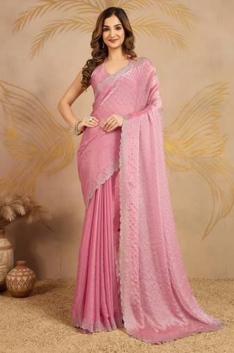 Chiffon swarovski Work Saree with Unstitched Blouse Piece