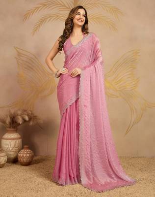 Chiffon swarovski Work Saree with Unstitched Blouse Piece 3