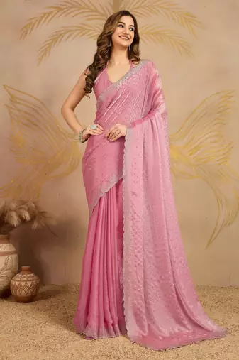 Chiffon swarovski Work Saree with Unstitched Blouse Piece
